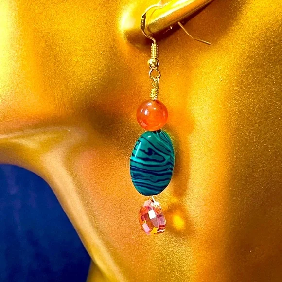 Dyed malachite and bright orange Swarovski crystal earrings on Sterling - Picture 2 of 8